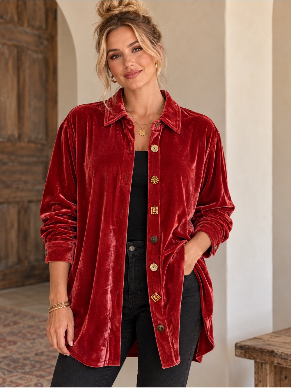 Soft Surroundings Velvet Boyfriend Tunic Red Mixed Buttons NWT XL